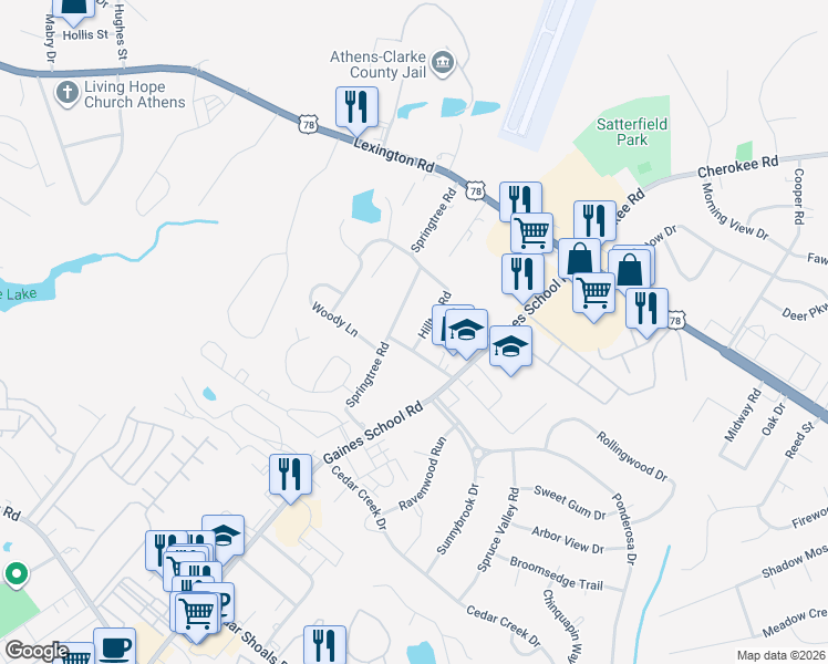 map of restaurants, bars, coffee shops, grocery stores, and more near 218 Sunnyview Road in Athens