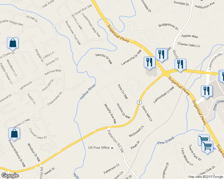 map of restaurants, bars, coffee shops, grocery stores, and more near 253 Huston Drive Northwest in Lawrenceville