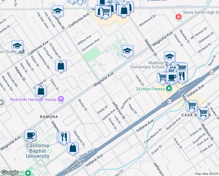 map of restaurants, bars, coffee shops, grocery stores, and more near 3715 Jefferson Street in Riverside