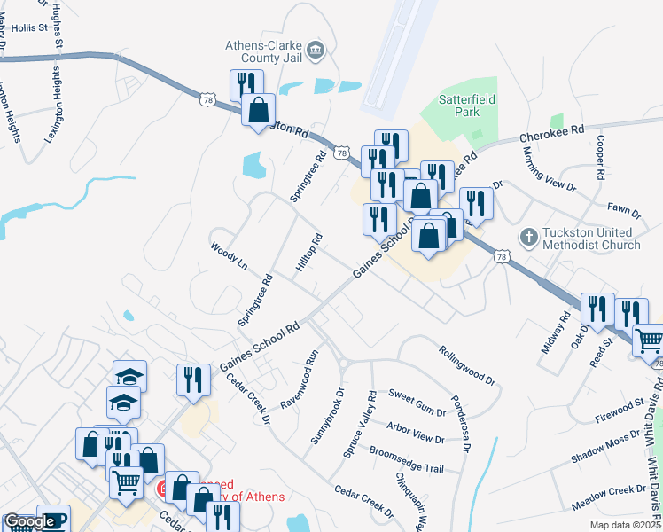 map of restaurants, bars, coffee shops, grocery stores, and more near 270 Gaines School Road in Athens