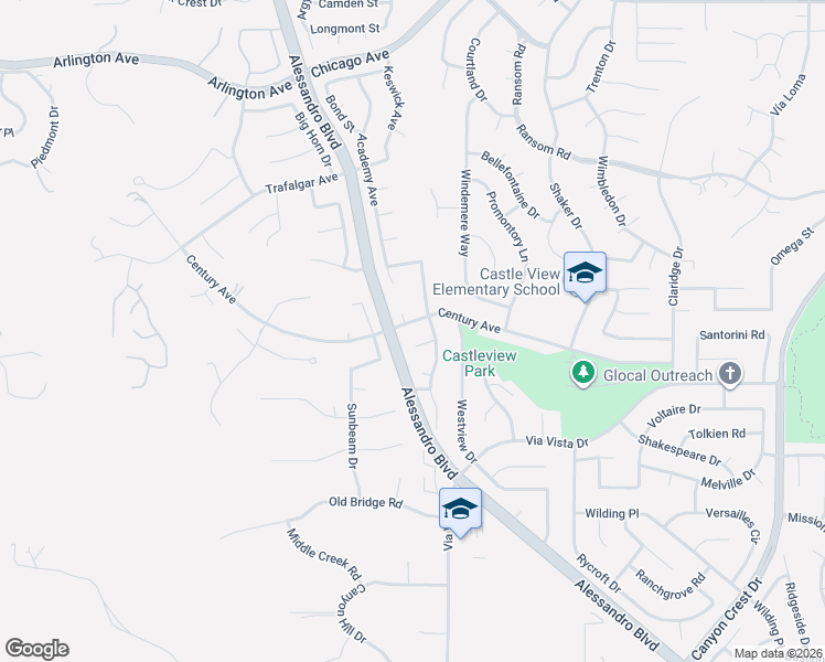 map of restaurants, bars, coffee shops, grocery stores, and more near 1750 Century Avenue in Riverside