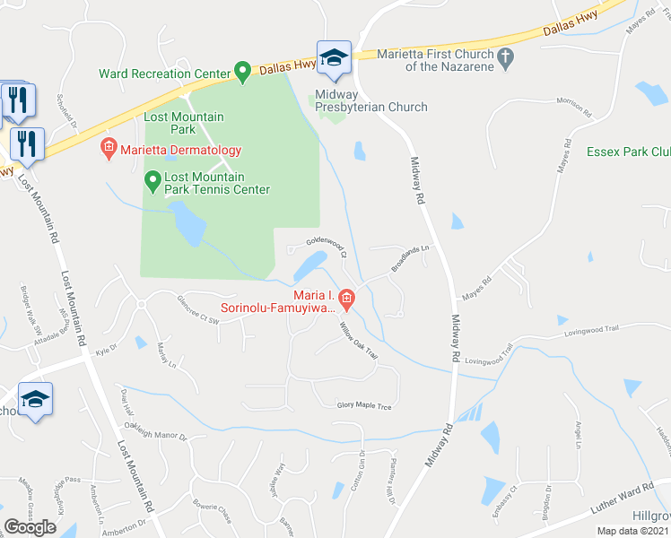 map of restaurants, bars, coffee shops, grocery stores, and more near 656 Goldenwood Court in Powder Springs
