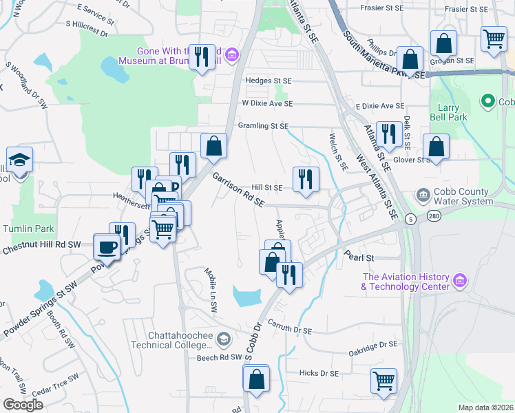 map of restaurants, bars, coffee shops, grocery stores, and more near 102 Carnes Drive Southeast in Marietta