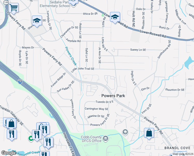 map of restaurants, bars, coffee shops, grocery stores, and more near 582 Harcourt Place Southeast in Marietta