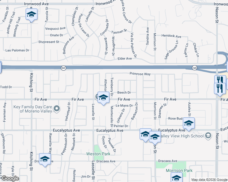 map of restaurants, bars, coffee shops, grocery stores, and more near 26207 Beech Drive in Moreno Valley