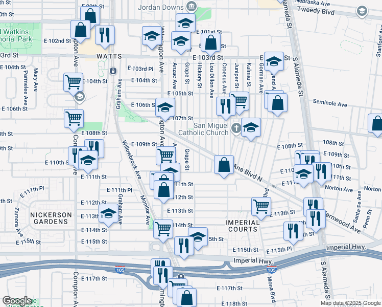 map of restaurants, bars, coffee shops, grocery stores, and more near 10924 Grape Street in Los Angeles