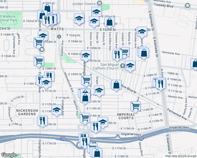 map of restaurants, bars, coffee shops, grocery stores, and more near 10924 Grape Street in Los Angeles