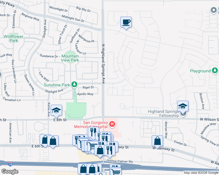 map of restaurants, bars, coffee shops, grocery stores, and more near 6329 Botanic Road in Banning