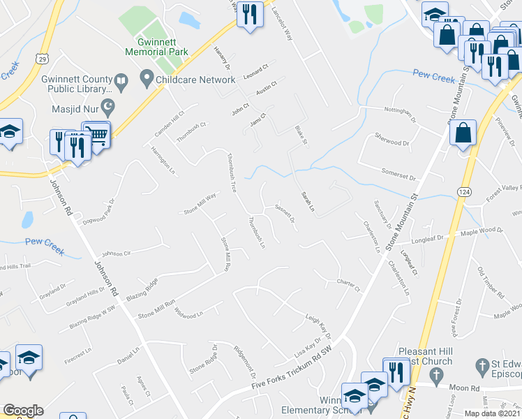 map of restaurants, bars, coffee shops, grocery stores, and more near 285 Camden Park Drive Southwest in Lawrenceville