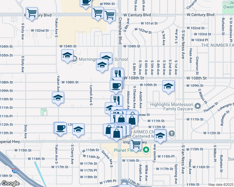 map of restaurants, bars, coffee shops, grocery stores, and more near 3129 West 110th Street in Inglewood