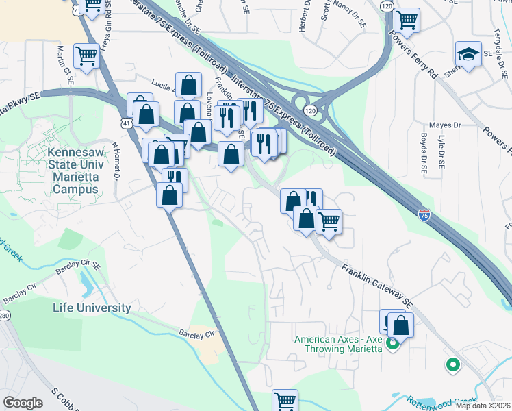 map of restaurants, bars, coffee shops, grocery stores, and more near 510 Augusta Drive in Marietta