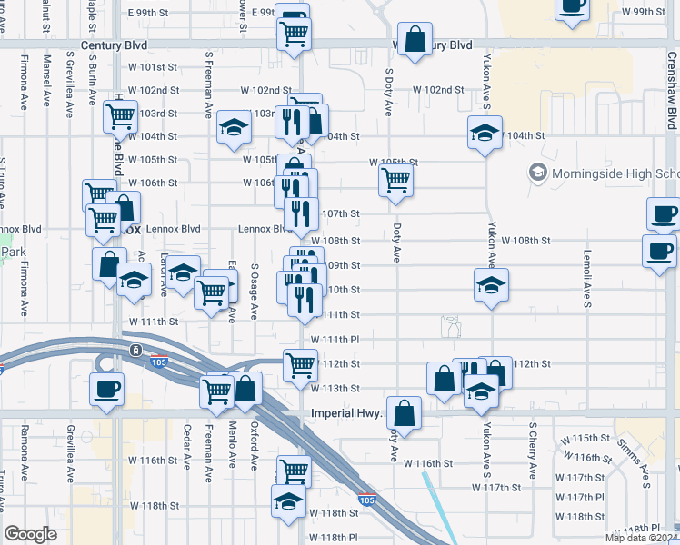 map of restaurants, bars, coffee shops, grocery stores, and more near 3906 West 109th Street in Inglewood