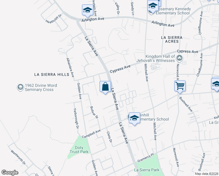 map of restaurants, bars, coffee shops, grocery stores, and more near 11039 Sierra Tree Lane in Riverside