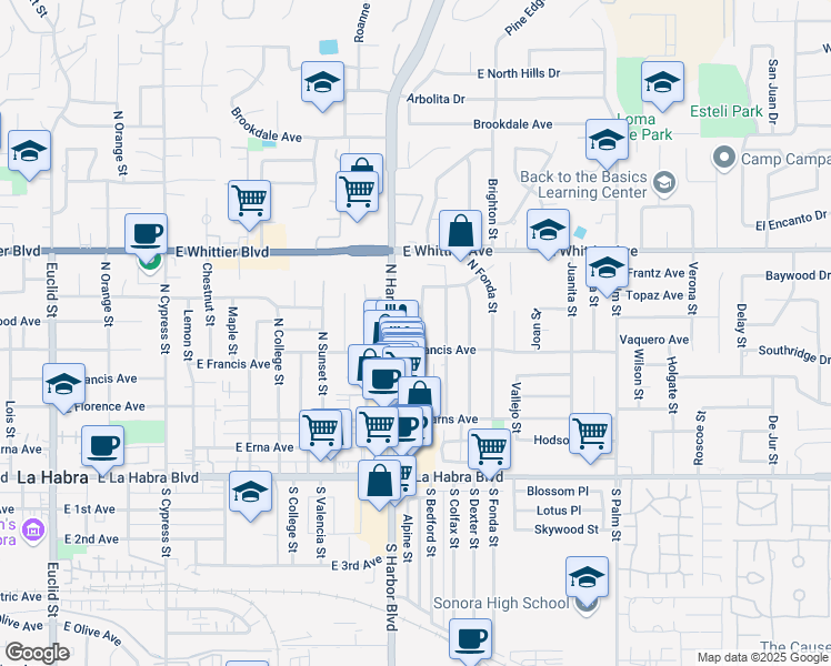 map of restaurants, bars, coffee shops, grocery stores, and more near 625 North Bedford Street in La Habra