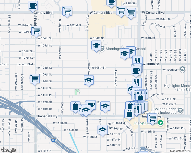map of restaurants, bars, coffee shops, grocery stores, and more near 3528 West 109th Street in Inglewood