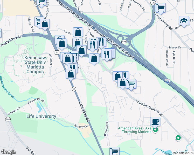 map of restaurants, bars, coffee shops, grocery stores, and more near 701 Augusta Drive in Marietta