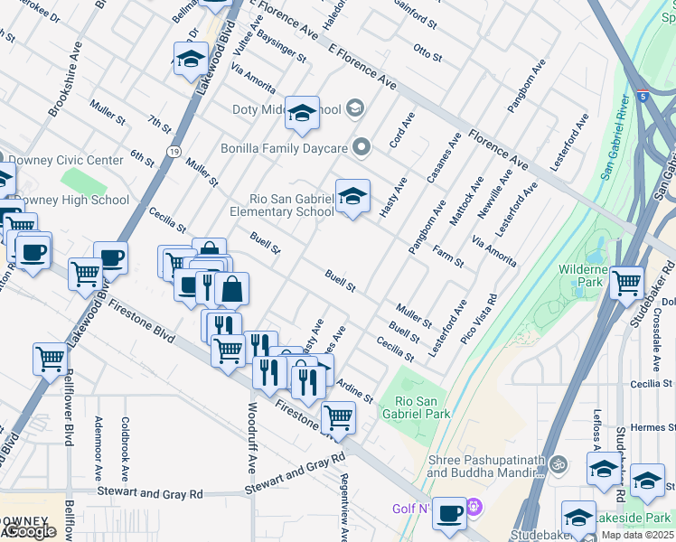 map of restaurants, bars, coffee shops, grocery stores, and more near 9352 Buell Street in Downey