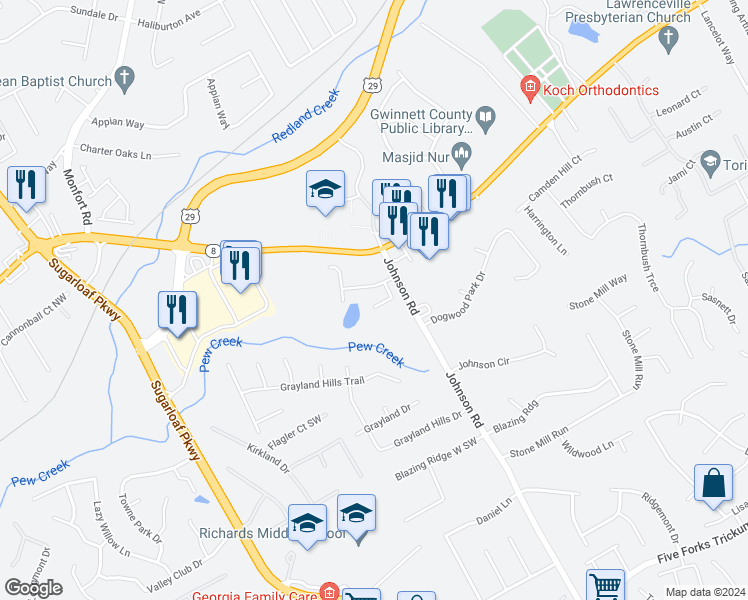 map of restaurants, bars, coffee shops, grocery stores, and more near 1291 Stella Court in Lawrenceville