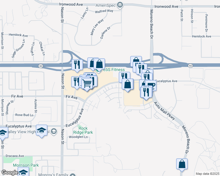 map of restaurants, bars, coffee shops, grocery stores, and more near 27384 Red Rock Road in Moreno Valley