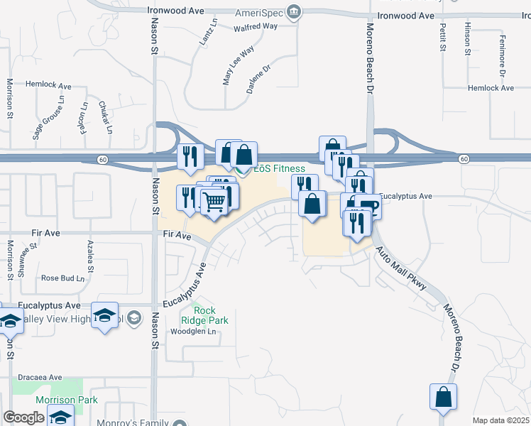 map of restaurants, bars, coffee shops, grocery stores, and more near 12704 Ironstone Way in Moreno Valley