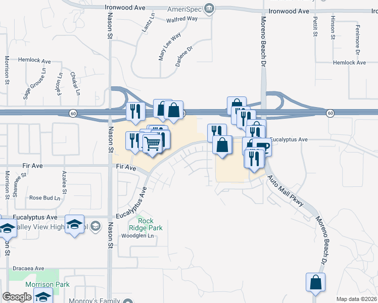 map of restaurants, bars, coffee shops, grocery stores, and more near 27384 Red Rock Road in Moreno Valley