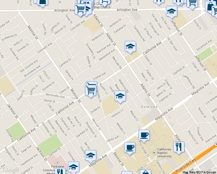 map of restaurants, bars, coffee shops, grocery stores, and more near 4128 Heidi Road in Riverside