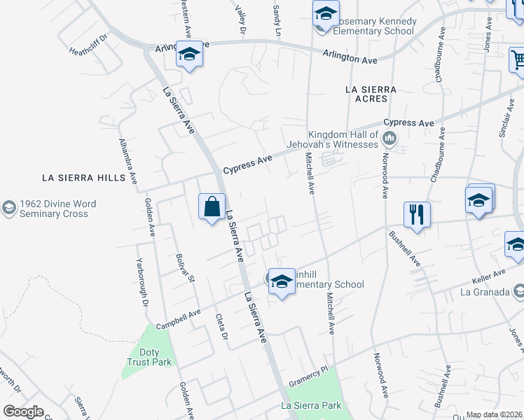 map of restaurants, bars, coffee shops, grocery stores, and more near 11020 Sierra Tree Lane in Riverside