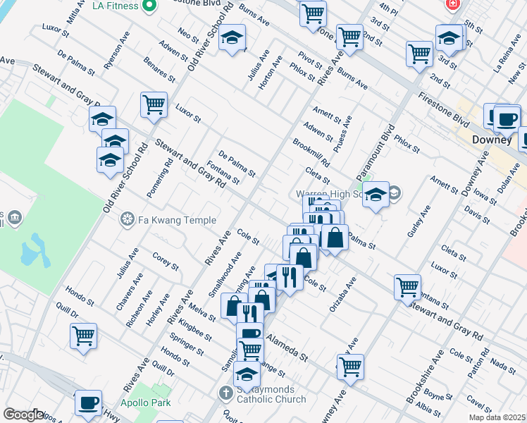 map of restaurants, bars, coffee shops, grocery stores, and more near 7830 Stewart and Gray Road in Downey