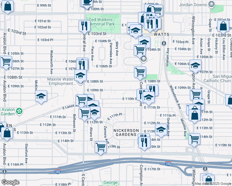 map of restaurants, bars, coffee shops, grocery stores, and more near 1423 East 110th Street in Los Angeles