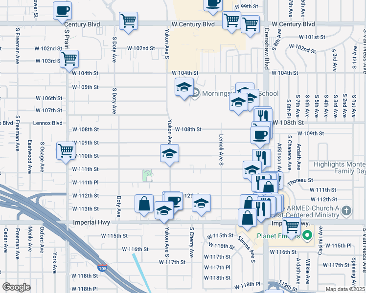map of restaurants, bars, coffee shops, grocery stores, and more near 3517 West 110th Street in Inglewood