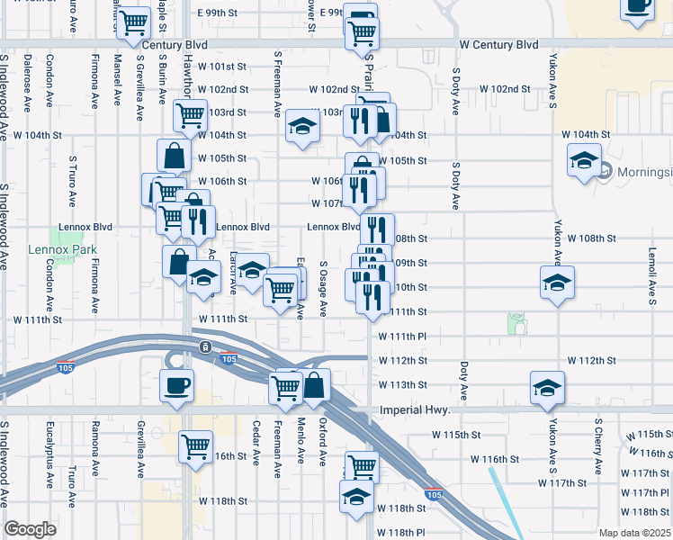 map of restaurants, bars, coffee shops, grocery stores, and more near 10936 South Osage Avenue in Inglewood