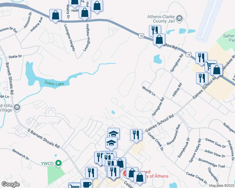 map of restaurants, bars, coffee shops, grocery stores, and more near 365 Seagraves Drive in Athens