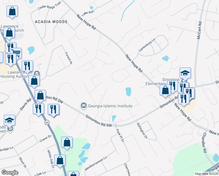 map of restaurants, bars, coffee shops, grocery stores, and more near 36 Springcrest Trail in Lawrenceville