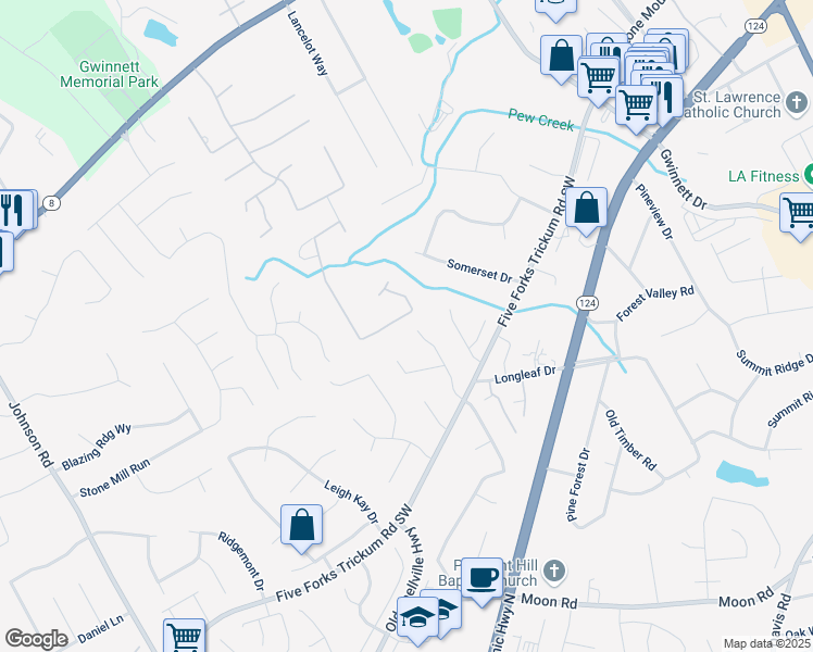 map of restaurants, bars, coffee shops, grocery stores, and more near 361 Sarah Lane in Lawrenceville