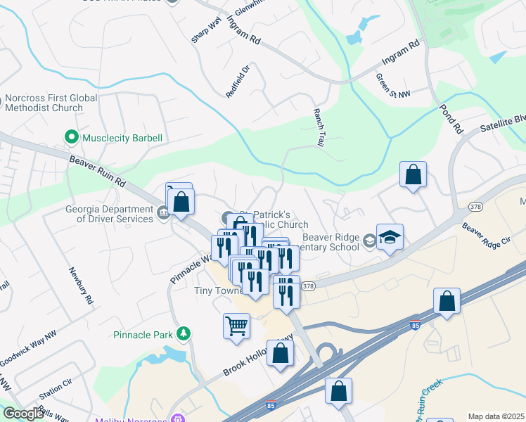 map of restaurants, bars, coffee shops, grocery stores, and more near 5041 Rockborough Trail Northwest in Norcross