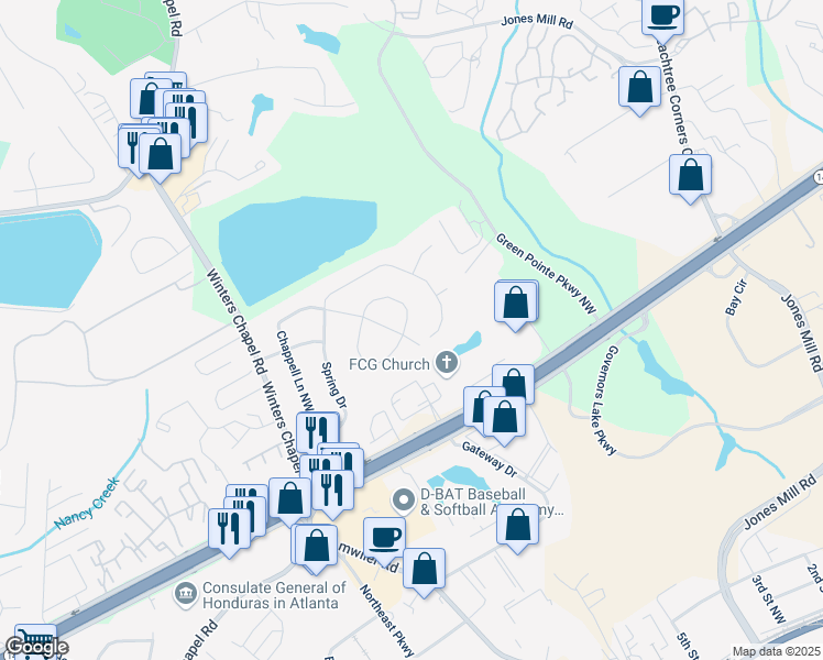 map of restaurants, bars, coffee shops, grocery stores, and more near 7125 Chappell Circle Northwest in Atlanta