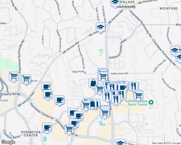 map of restaurants, bars, coffee shops, grocery stores, and more near 1318 Mile Post Drive in Dunwoody