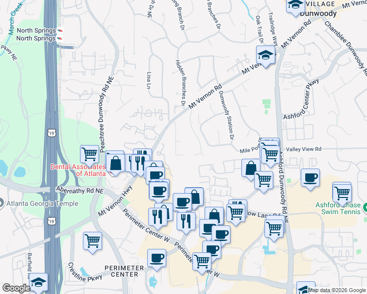 map of restaurants, bars, coffee shops, grocery stores, and more near 4715 Layfield Drive in Dunwoody