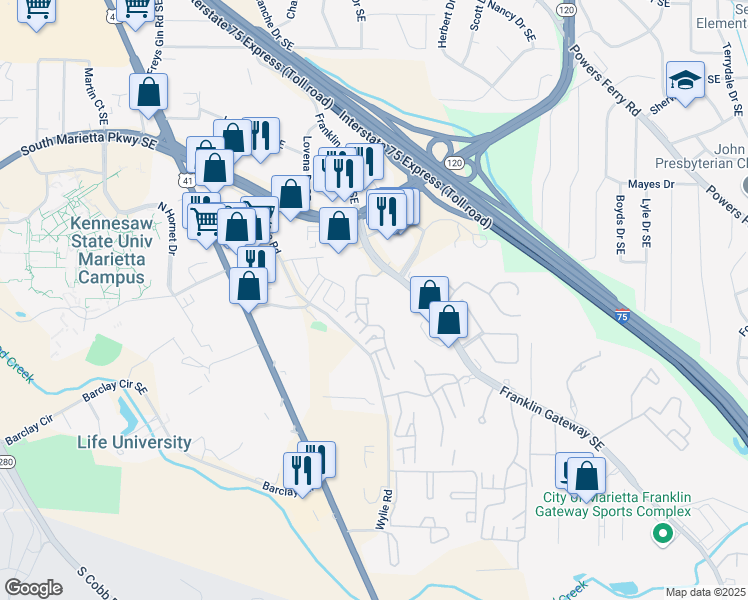 map of restaurants, bars, coffee shops, grocery stores, and more near 306 Augusta Drive in Marietta