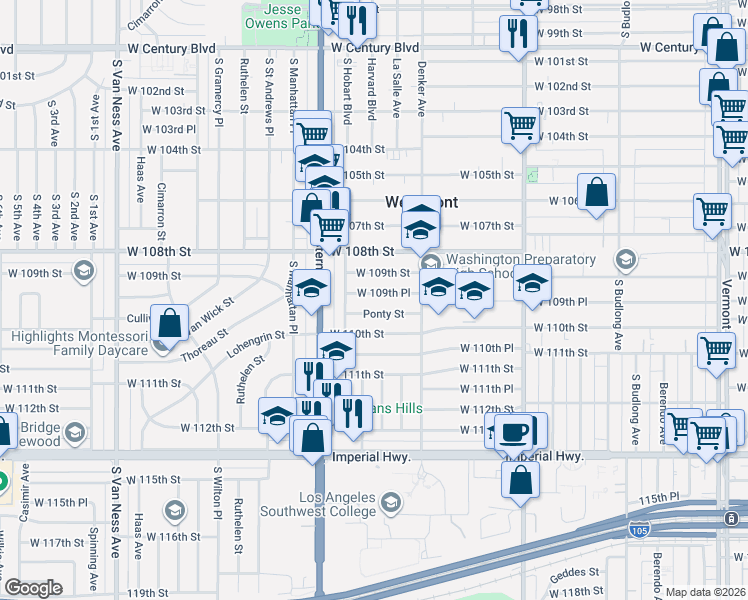 map of restaurants, bars, coffee shops, grocery stores, and more near 1658 West 109th Place in Los Angeles