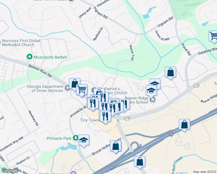map of restaurants, bars, coffee shops, grocery stores, and more near 5041 Rockborough Trail Northwest in Norcross