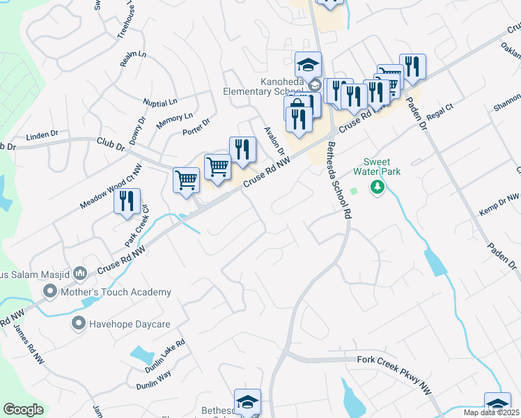 map of restaurants, bars, coffee shops, grocery stores, and more near 855 Avalon Forest Drive Northwest in Lawrenceville
