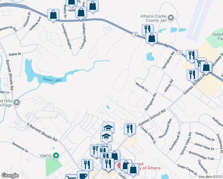 map of restaurants, bars, coffee shops, grocery stores, and more near 365 Seagraves Drive in Athens