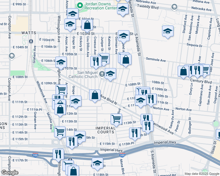 map of restaurants, bars, coffee shops, grocery stores, and more near 10825 Gorman Avenue in Los Angeles
