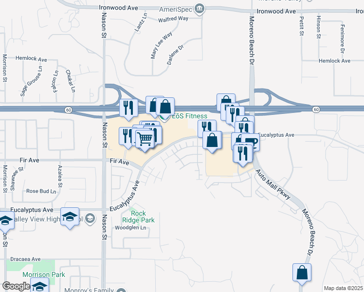 map of restaurants, bars, coffee shops, grocery stores, and more near 12712 Ironstone Way in Moreno Valley