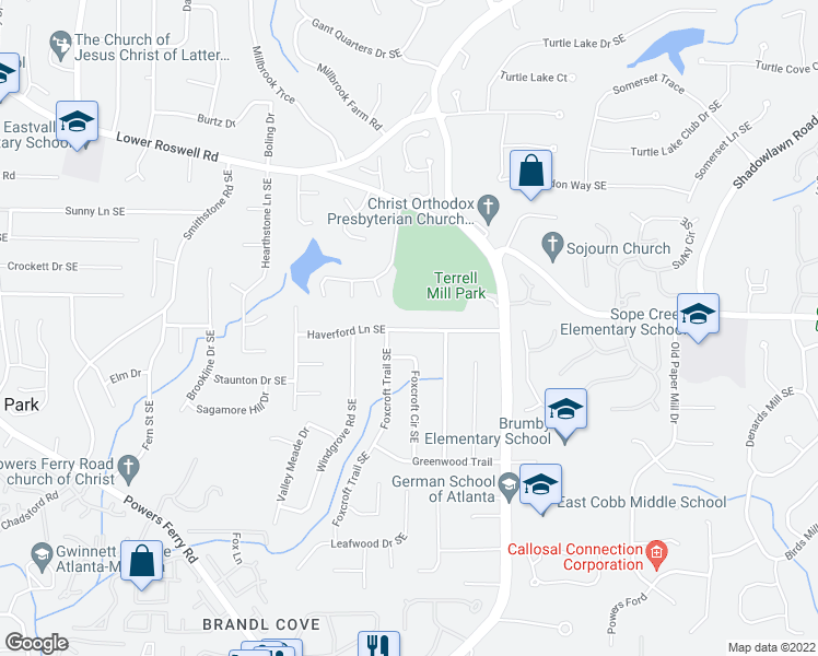 map of restaurants, bars, coffee shops, grocery stores, and more near 3019 Haverford Lane Southeast in Marietta