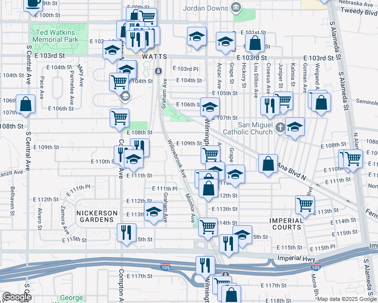 map of restaurants, bars, coffee shops, grocery stores, and more near 1803 East 109th Place in Los Angeles