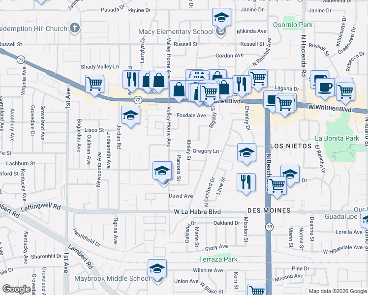 map of restaurants, bars, coffee shops, grocery stores, and more near 2511 Gregory Lane in La Habra