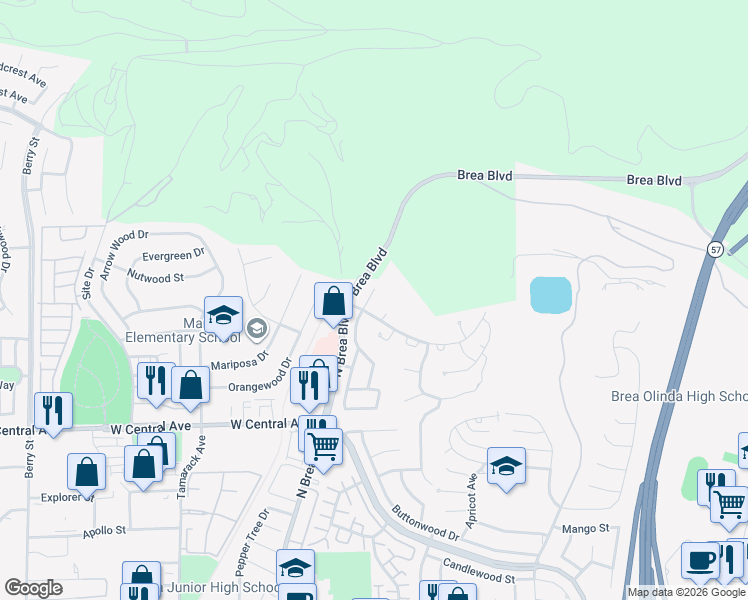 map of restaurants, bars, coffee shops, grocery stores, and more near 1184 Grand Canyon in Brea