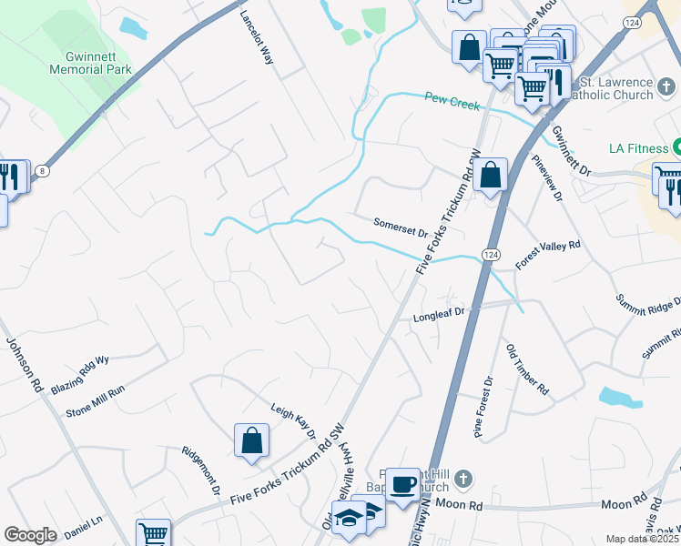 map of restaurants, bars, coffee shops, grocery stores, and more near 361 Sarah Ln in Lawrenceville